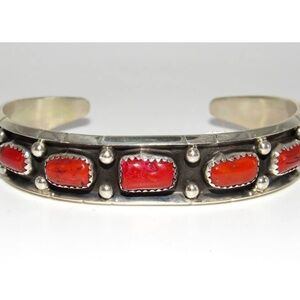 Navajo Mediterranean Coral Stacker Cuff Bracelet Sterling Silver Native American
